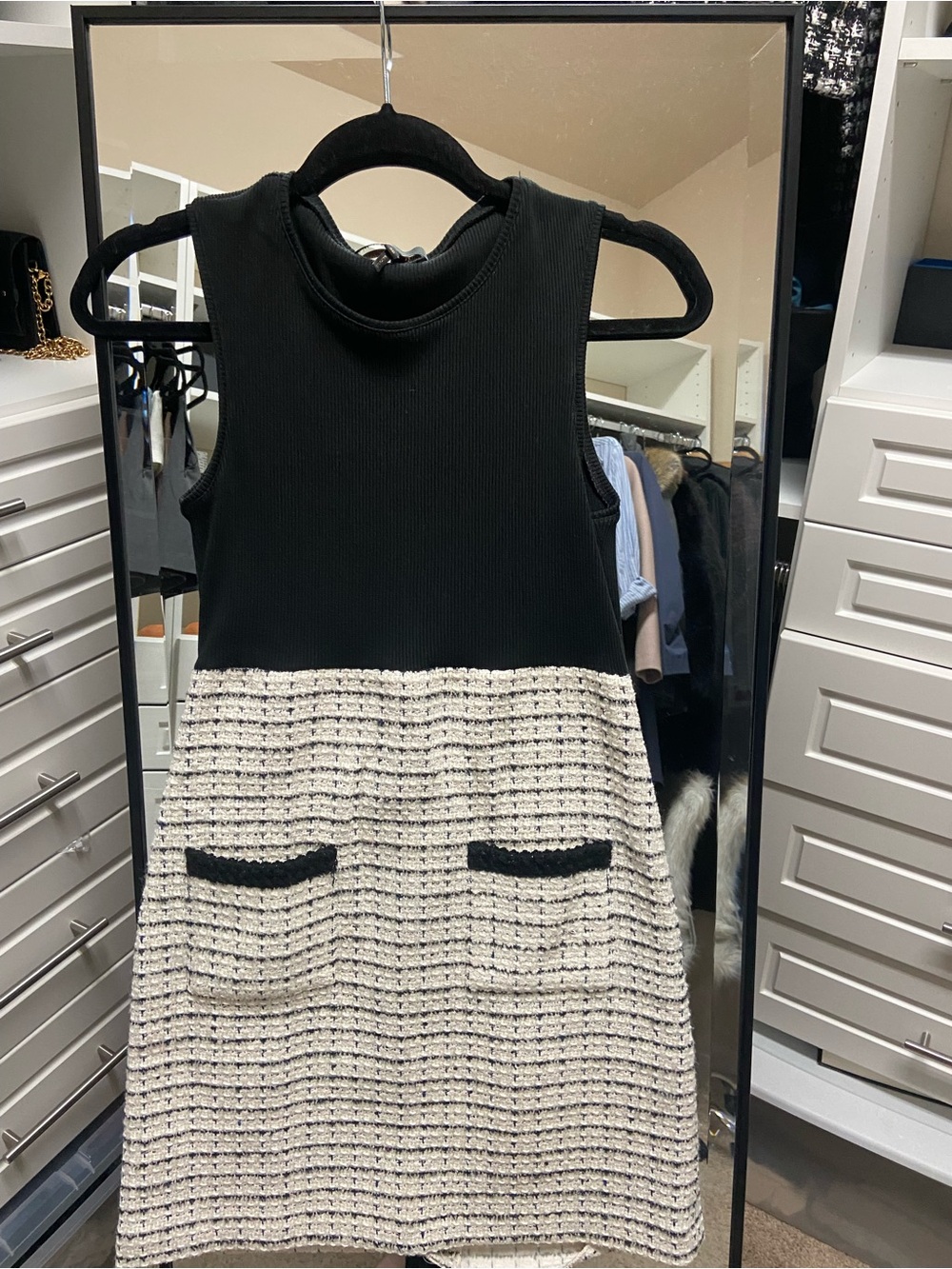 Maje Black and Cream Sleeveless Tweed A-Line Dress